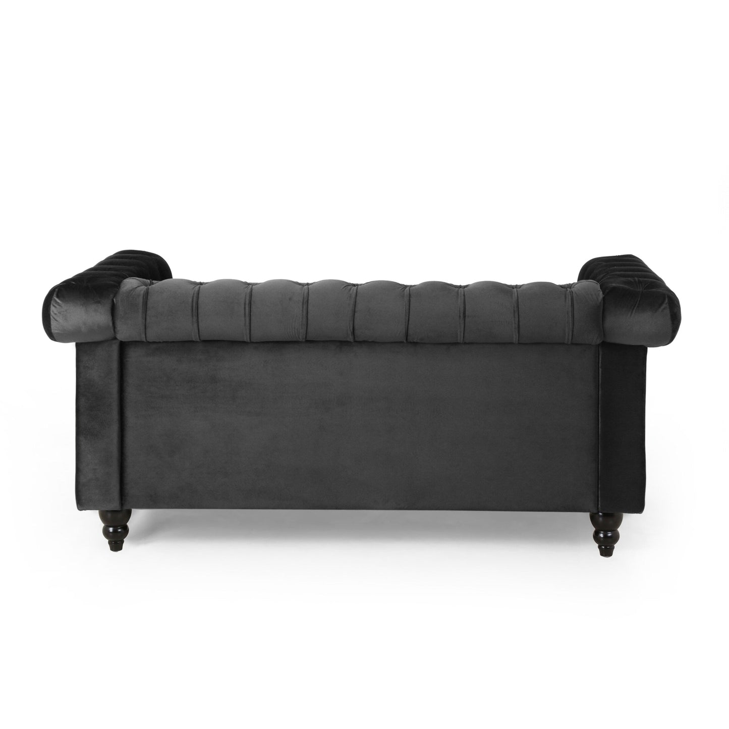 Canapé Chesterfield noir capitonné à 61 boutons avec têtes de clous et pieds en bois pour le salon