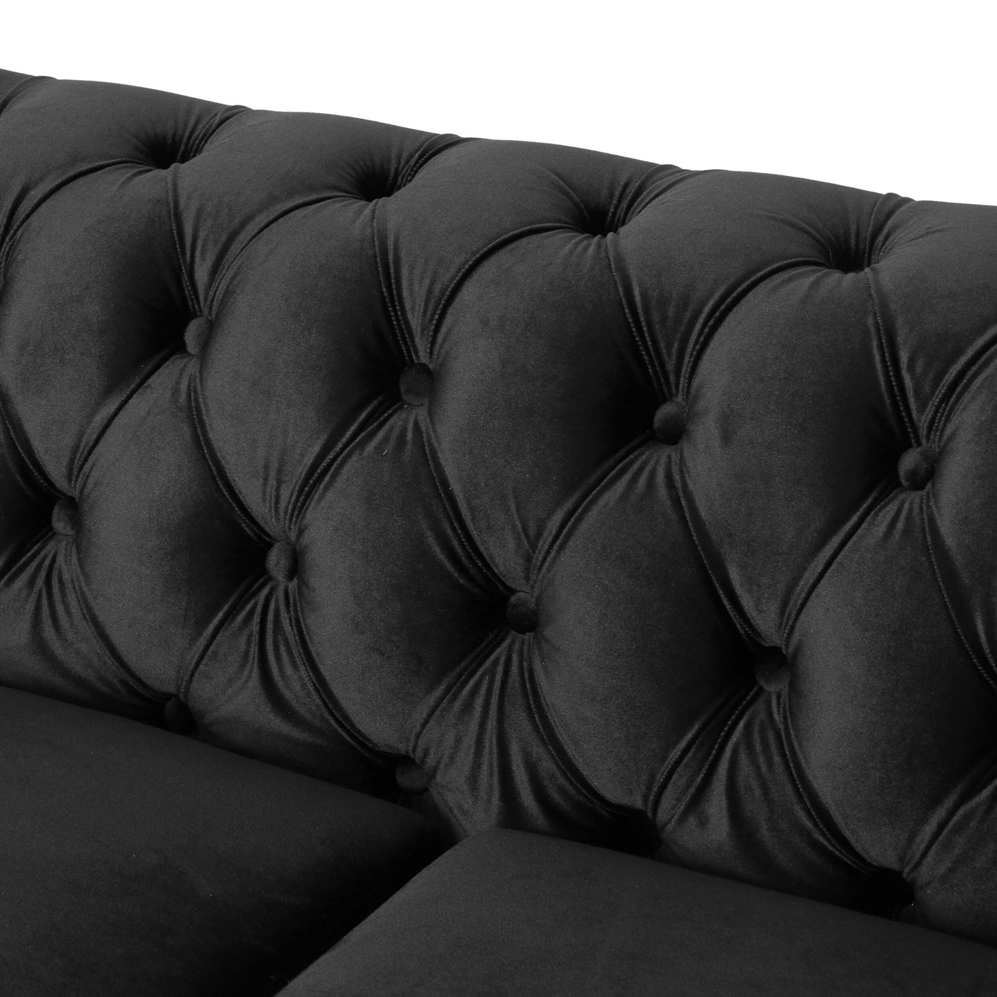 Canapé Chesterfield noir capitonné à 61 boutons avec têtes de clous et pieds en bois pour le salon