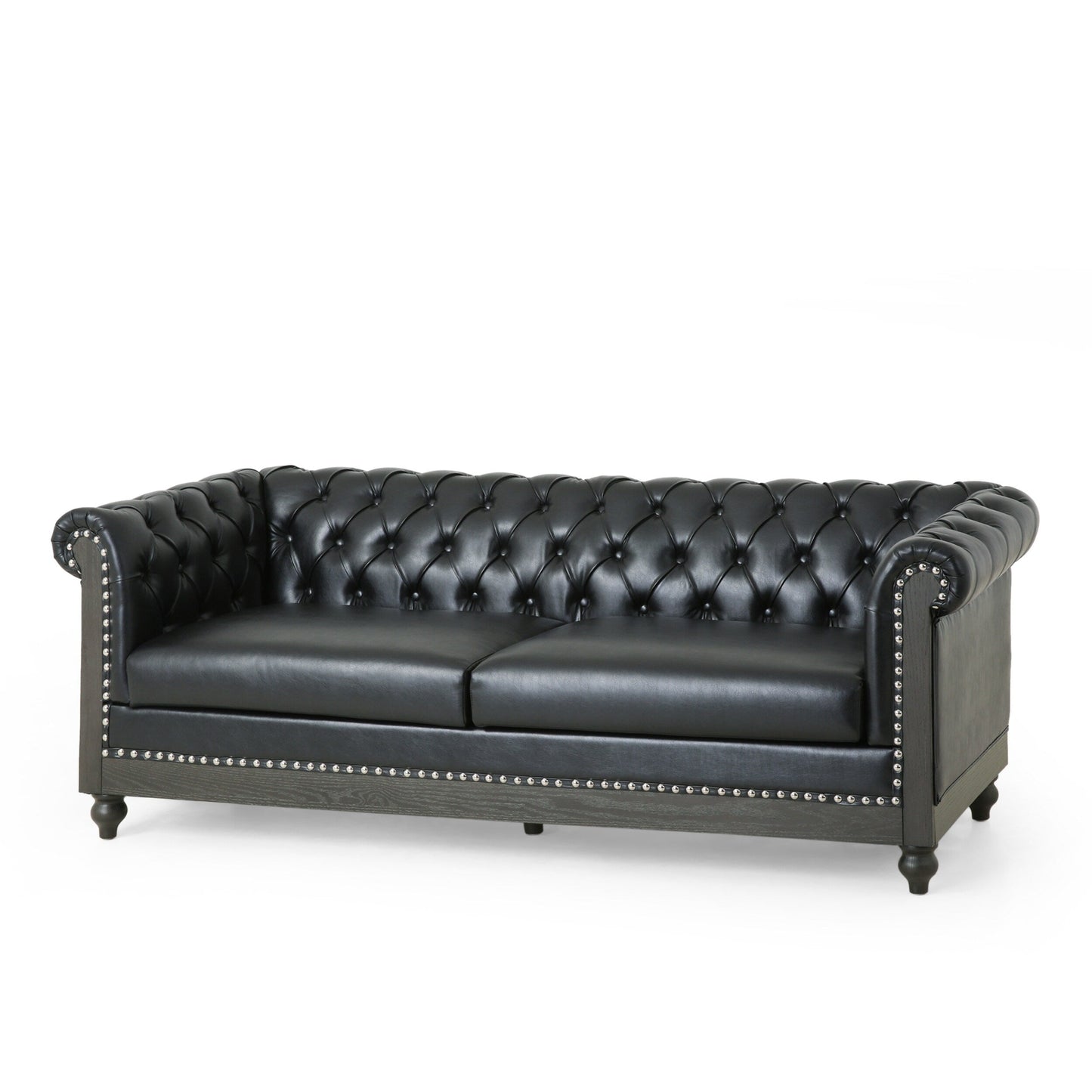 Canapé 3 places Chesterfield noir 78,75 en similicuir avec pieds en bois et clous pour salon