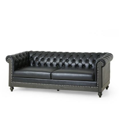 Canapé 3 places Chesterfield noir 78,75 en similicuir avec pieds en bois et clous pour salon