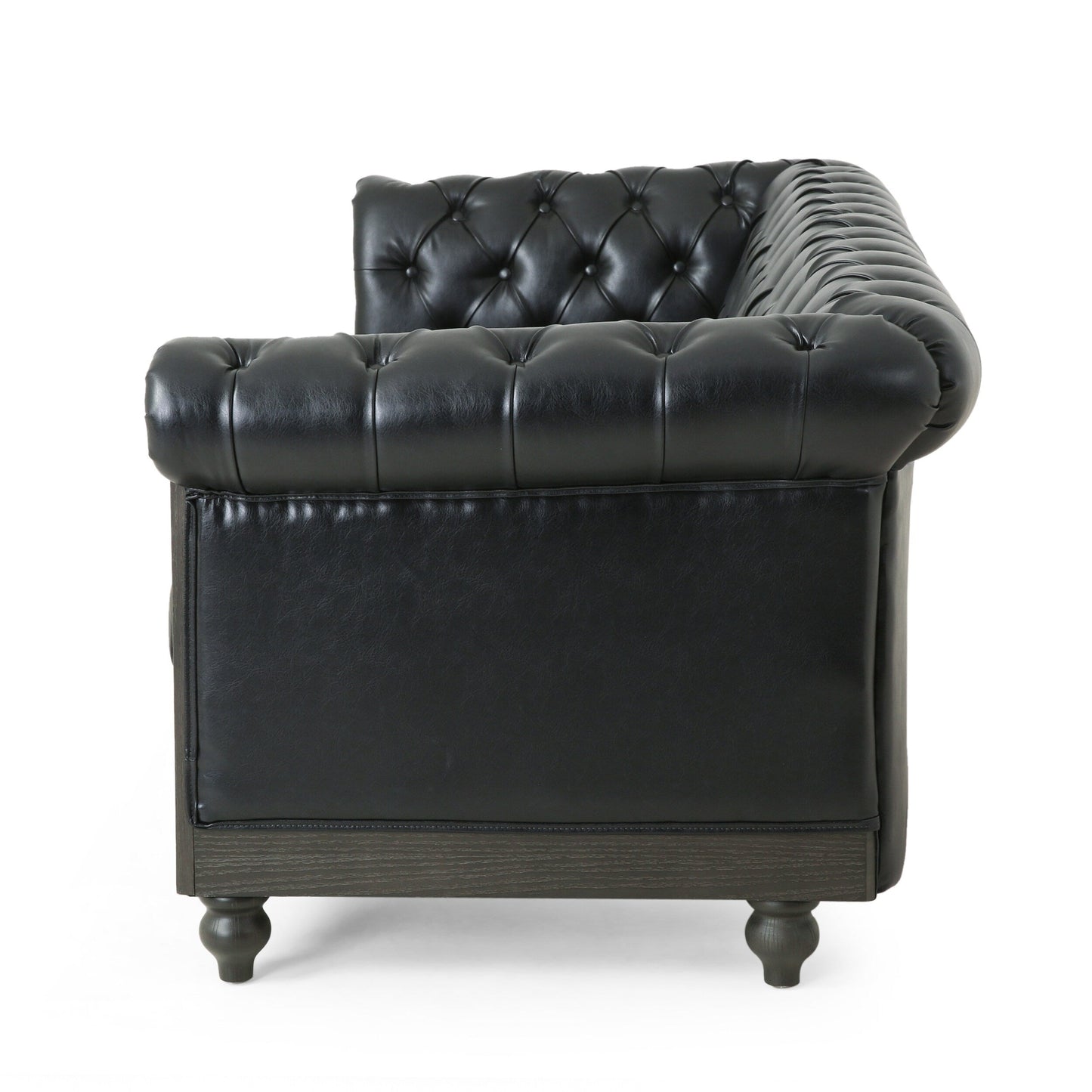 Canapé 3 places Chesterfield noir 78,75 en similicuir avec pieds en bois et clous pour salon