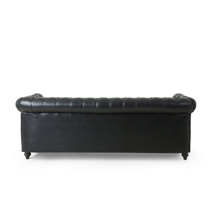 Canapé 3 places Chesterfield noir 78,75 en similicuir avec pieds en bois et clous pour salon