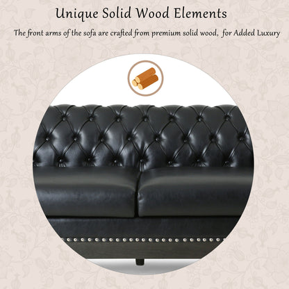 Canapé 3 places Chesterfield noir 78,75 en similicuir avec pieds en bois et clous pour salon