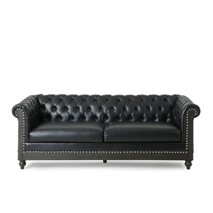 Canapé 3 places Chesterfield noir 78,75 en similicuir avec pieds en bois et clous pour salon