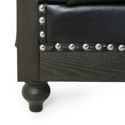 Canapé 3 places Chesterfield noir 78,75 en similicuir avec pieds en bois et clous pour salon