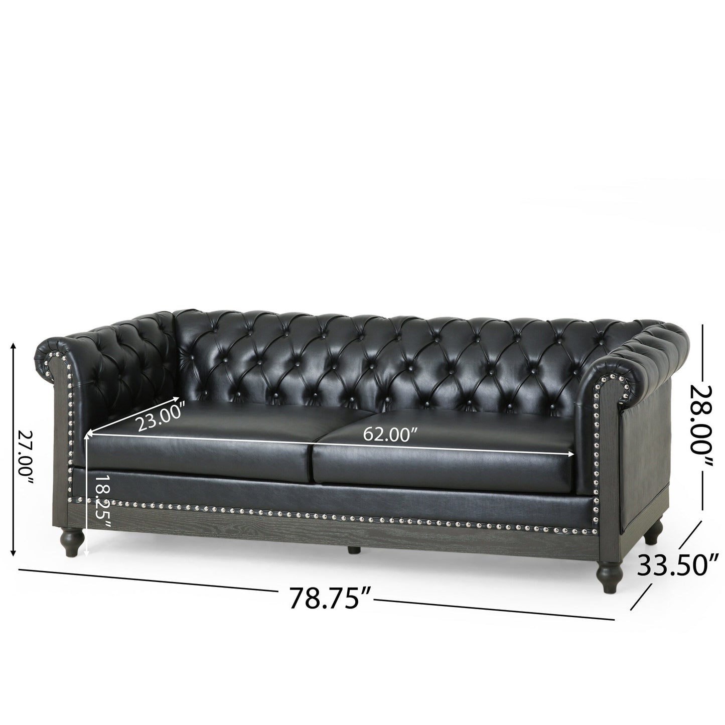 Canapé 3 places Chesterfield noir 78,75 en similicuir avec pieds en bois et clous pour salon