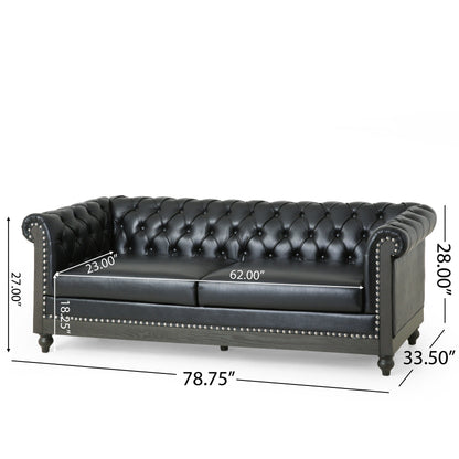 Canapé 3 places Chesterfield noir 78,75 en similicuir avec pieds en bois et clous pour salon