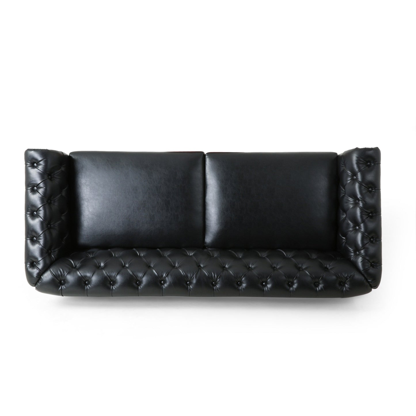 Canapé 3 places Chesterfield noir 78,75 en similicuir avec pieds en bois et clous pour salon
