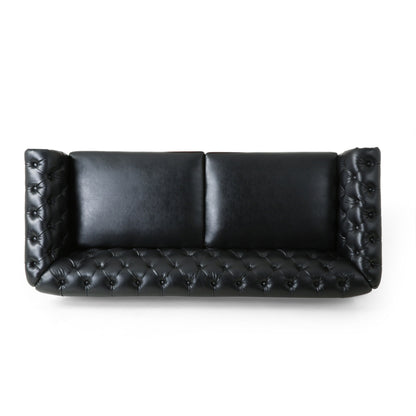 Canapé 3 places Chesterfield noir 78,75 en similicuir avec pieds en bois et clous pour salon