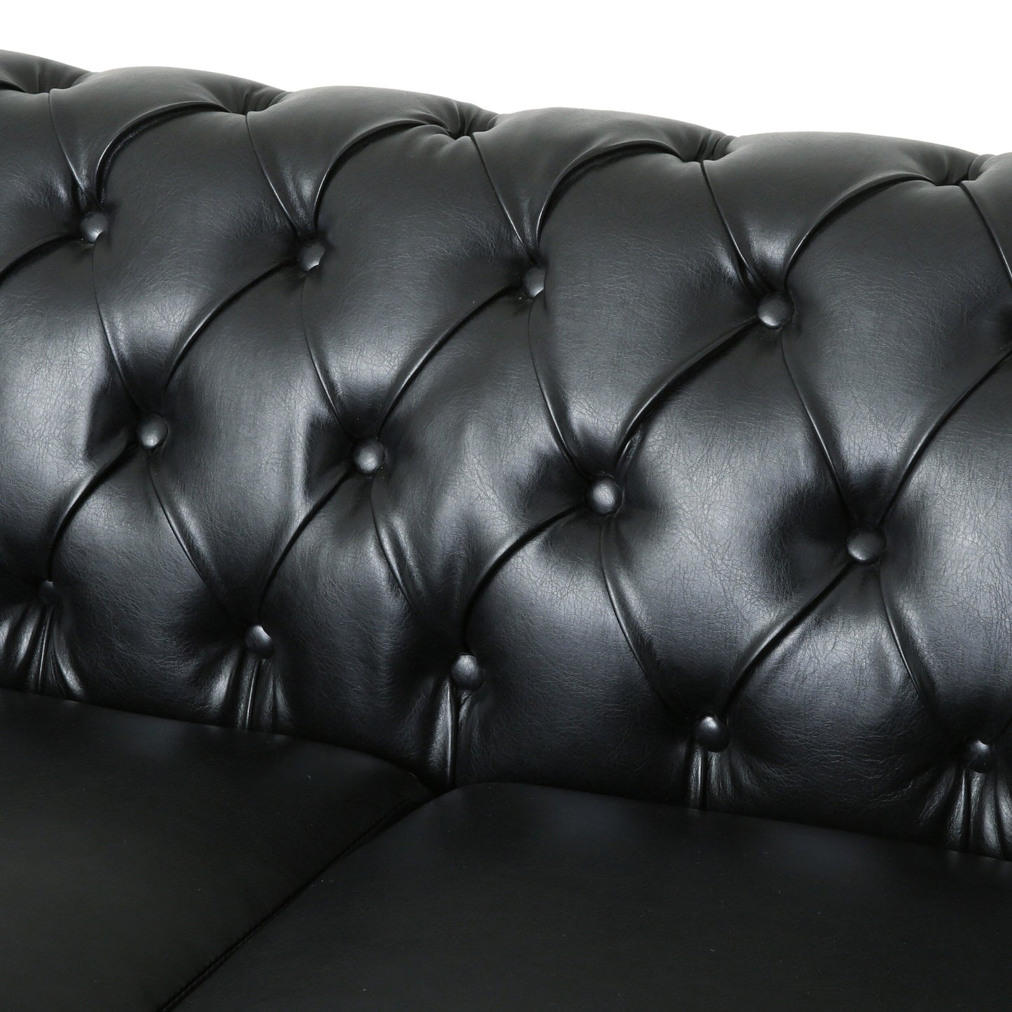 Canapé 3 places Chesterfield noir 78,75 en similicuir avec pieds en bois et clous pour salon