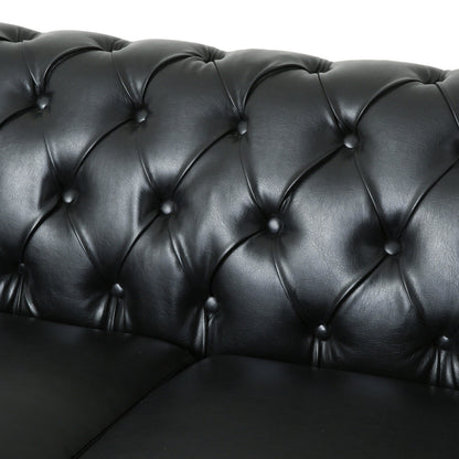 Canapé 3 places Chesterfield noir 78,75 en similicuir avec pieds en bois et clous pour salon