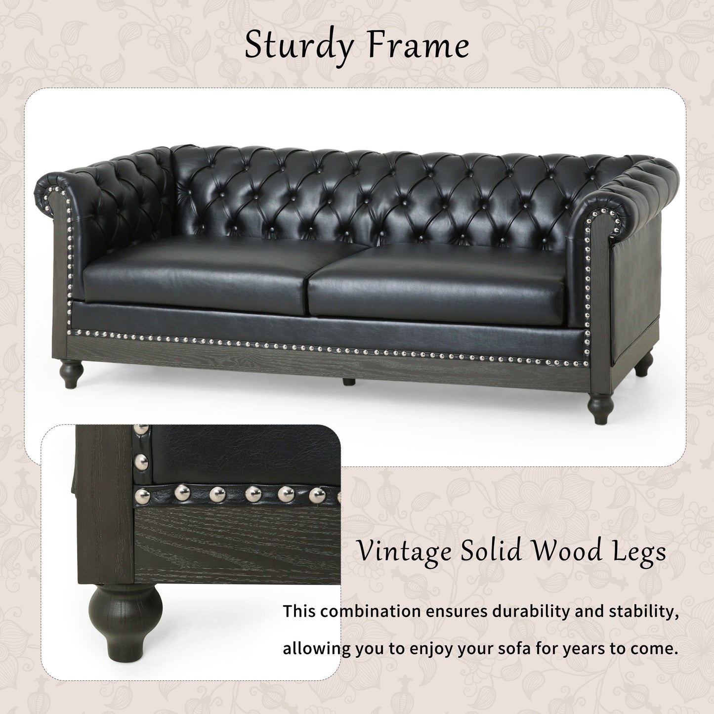 Canapé 3 places Chesterfield noir 78,75 en similicuir avec pieds en bois et clous pour salon