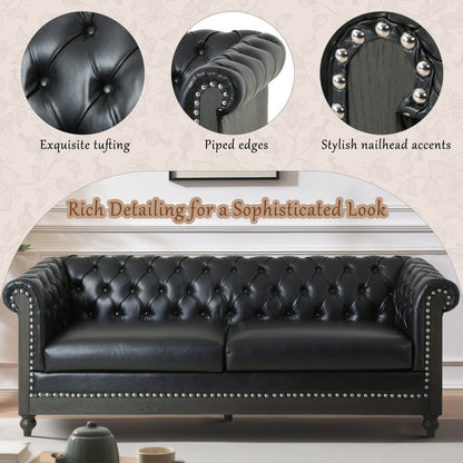 Canapé 3 places Chesterfield noir 78,75 en similicuir avec pieds en bois et clous pour salon