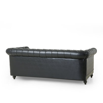 Canapé 3 places Chesterfield noir 78,75 en similicuir avec pieds en bois et clous pour salon