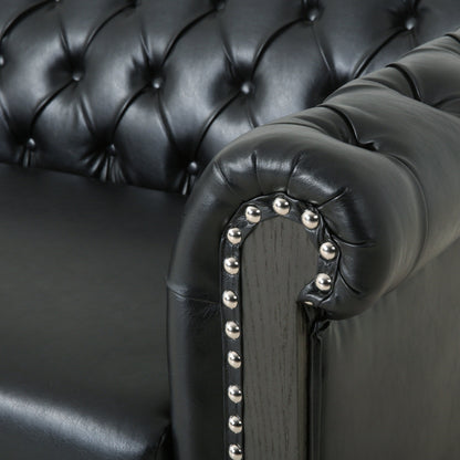 Canapé 3 places Chesterfield noir 78,75 en similicuir avec pieds en bois et clous pour salon