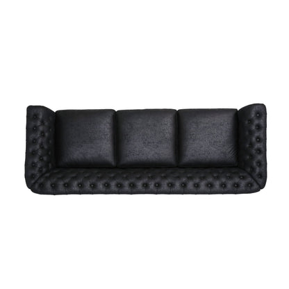 Canapé Chesterfield noir 3 places capitonné avec boutons 84,75, clous et pieds en bois pour le salon