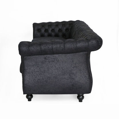 Canapé Chesterfield noir 3 places capitonné avec boutons 84,75, clous et pieds en bois pour le salon