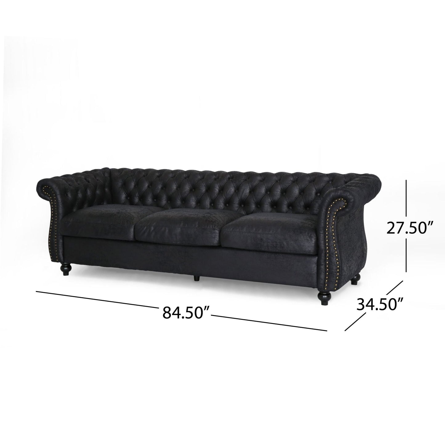 Canapé Chesterfield noir 3 places capitonné avec boutons 84,75, clous et pieds en bois pour le salon