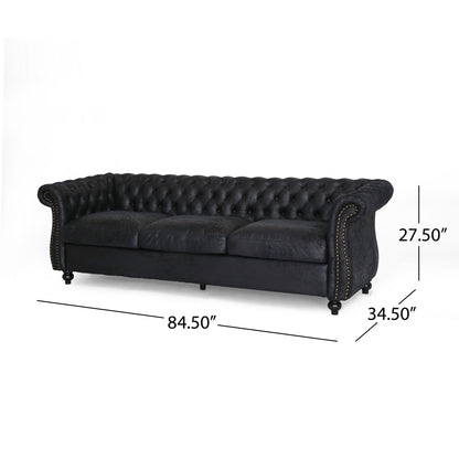 Canapé Chesterfield noir 3 places capitonné avec boutons 84,75, clous et pieds en bois pour le salon
