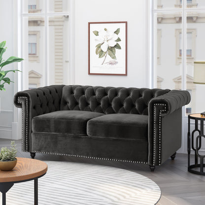 Canapé Chesterfield noir capitonné à boutons avec têtes de clous