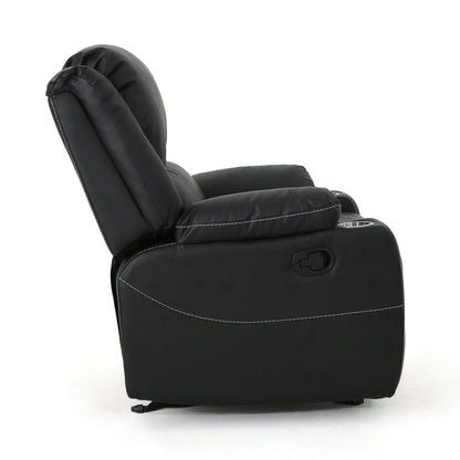 Fauteuil inclinable manuel contemporain noir avec porte-gobelets en acier, revêtement en similicuir moelleux, inclinaison réglable
