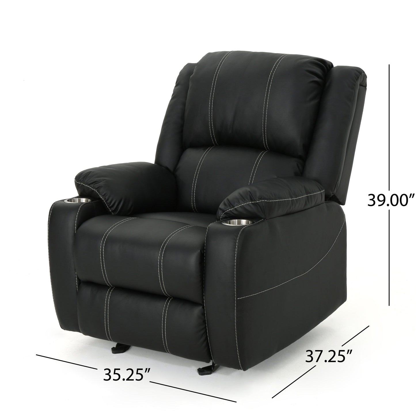Fauteuil inclinable manuel contemporain noir avec porte-gobelets en acier, revêtement en similicuir moelleux, inclinaison réglable