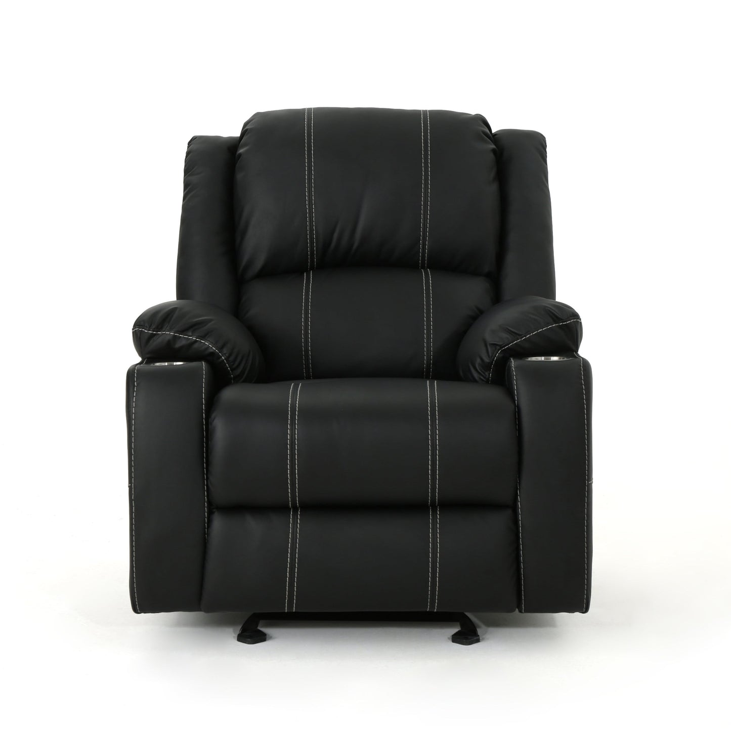 Fauteuil inclinable manuel contemporain noir avec porte-gobelets en acier, cuir synthétique moelleux et inclinaison réglable