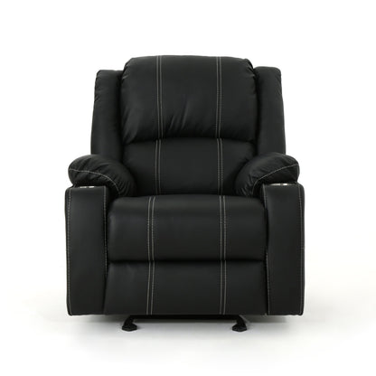 Fauteuil inclinable manuel contemporain noir avec porte-gobelets en acier, cuir synthétique moelleux et inclinaison réglable