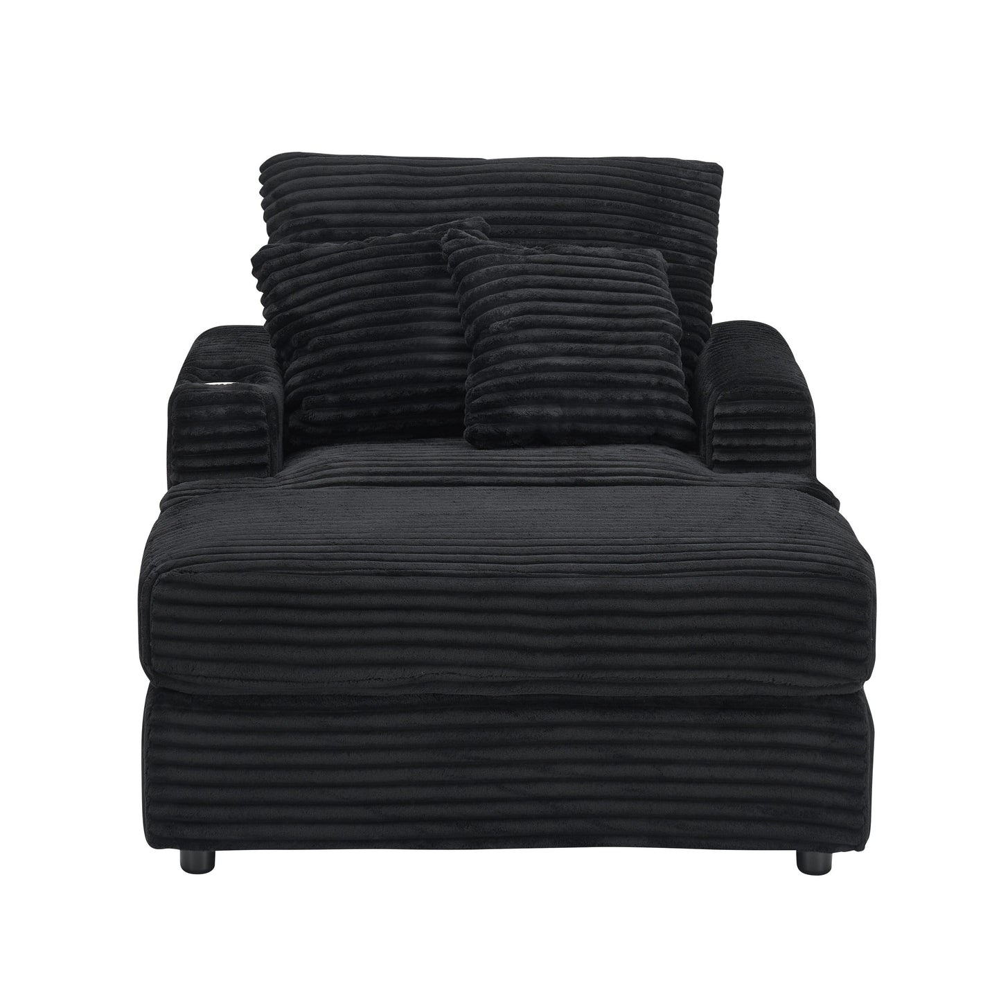 Fauteuil-canapé en velours côtelé noir avec pouf et porte-gobelet