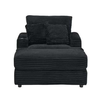 Fauteuil-canapé en velours côtelé noir avec pouf et porte-gobelet