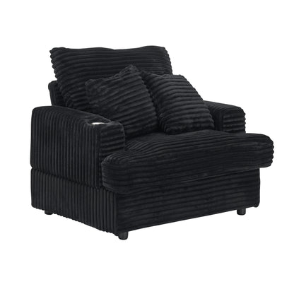 Fauteuil-canapé en velours côtelé noir avec pouf et porte-gobelet