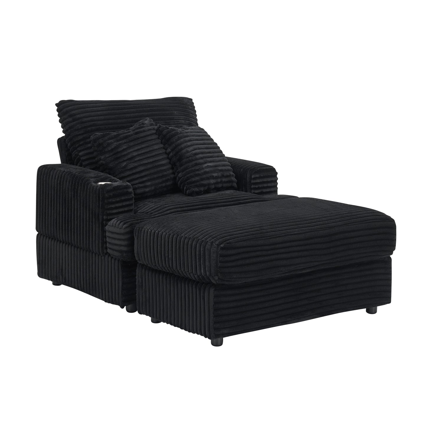 Fauteuil-canapé en velours côtelé noir avec pouf et porte-gobelet