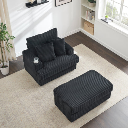 Fauteuil-canapé en velours côtelé noir avec pouf et porte-gobelet