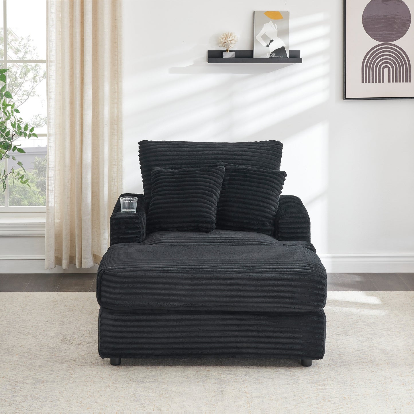 Fauteuil-canapé en velours côtelé noir avec pouf et porte-gobelet