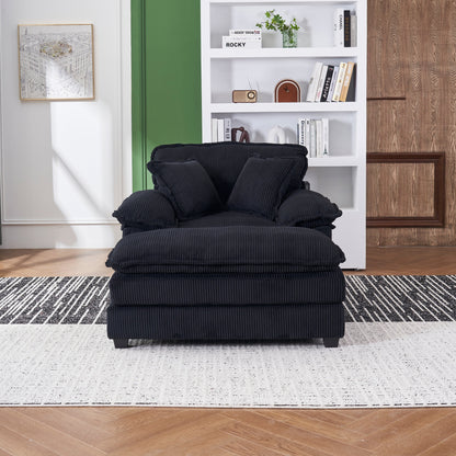 Canapé simple profond en velours côtelé noir avec pouf