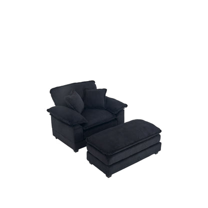 Canapé simple profond en velours côtelé noir avec pouf