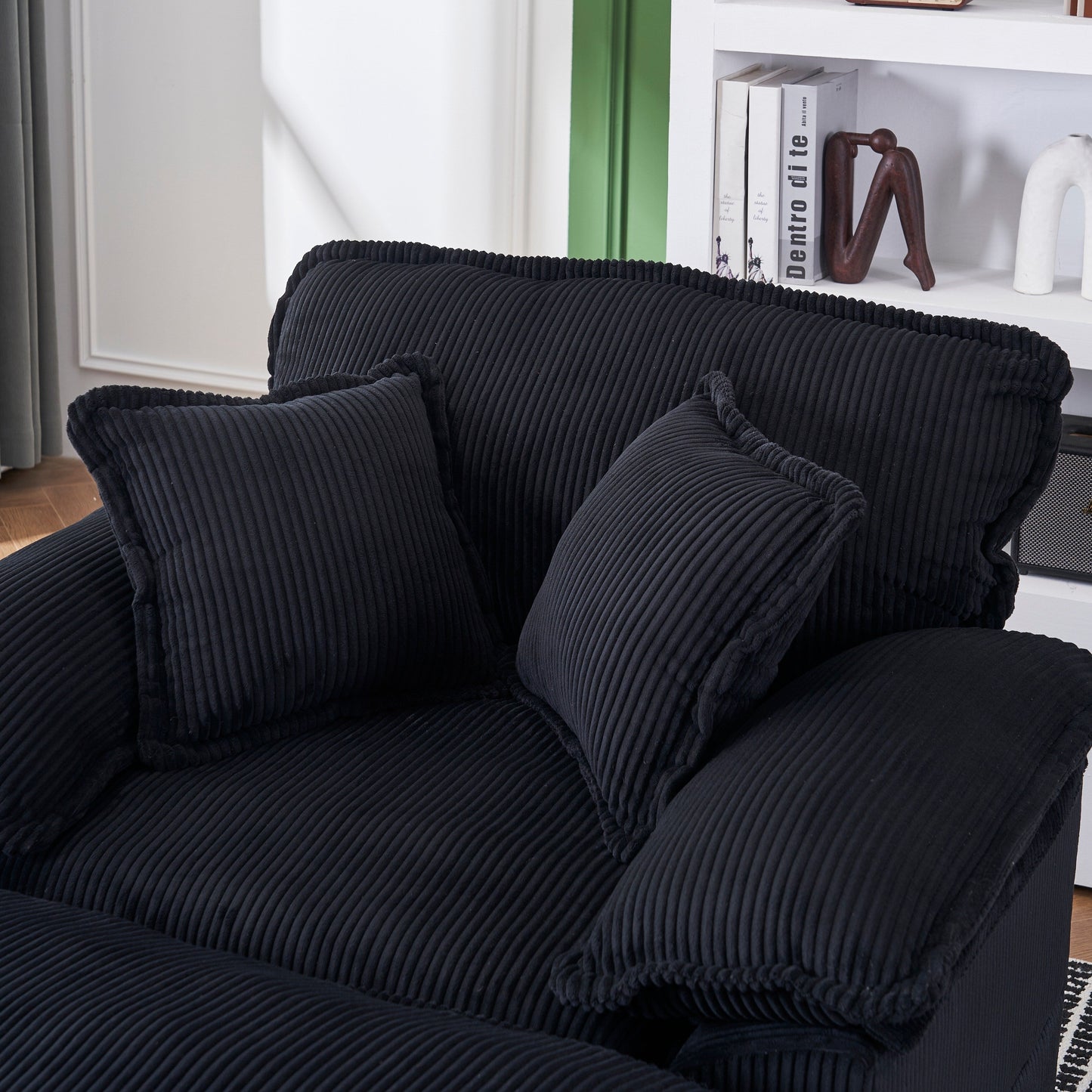 Canapé simple profond en velours côtelé noir avec pouf
