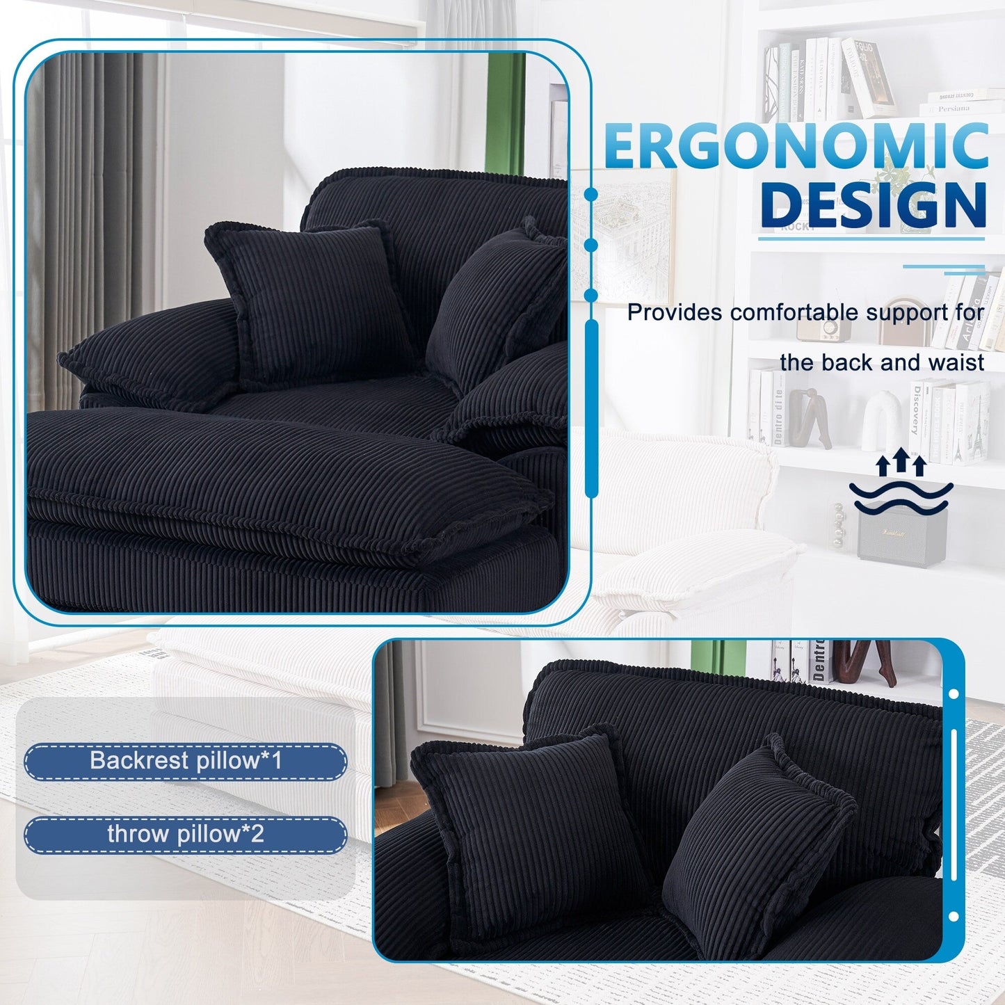 Canapé simple profond en velours côtelé noir avec pouf