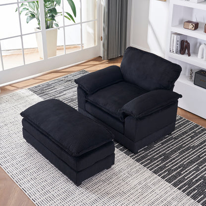 Canapé simple profond en velours côtelé noir avec pouf
