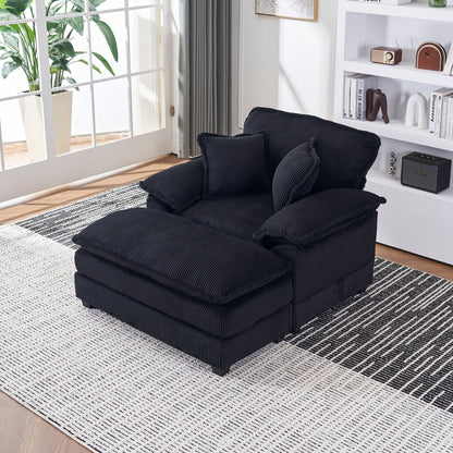 Canapé simple profond en velours côtelé noir avec pouf
