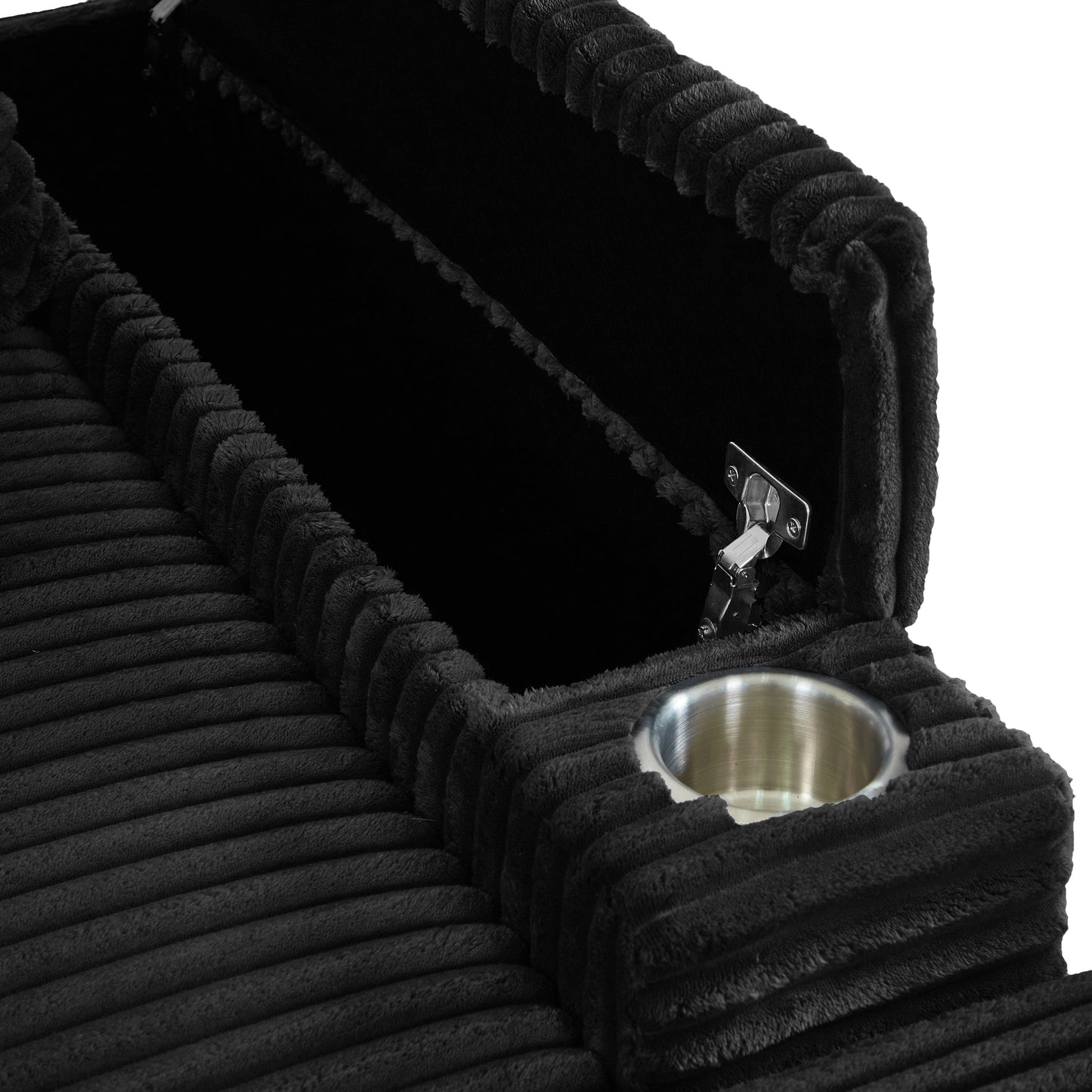 Canapé simple en velours côtelé noir avec pouf et accoudoir de rangement