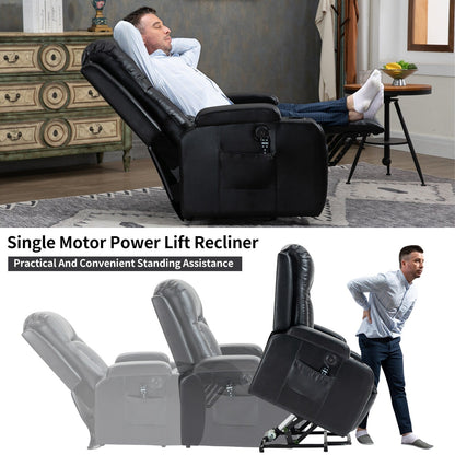 Fauteuil inclinable électrique noir pour personnes âgées avec massage par vibrations, chauffage lombaire, port USB et porte-gobelets