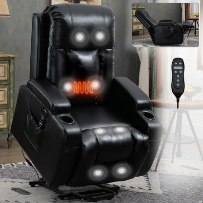 Fauteuil inclinable électrique noir pour personnes âgées avec massage par vibrations, chauffage lombaire, port USB et porte-gobelets