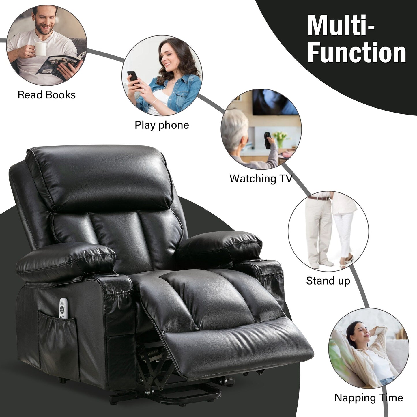 Fauteuil releveur électrique noir avec fonctions de massage et de chauffage pour personnes âgées, fauteuil de salon en cuir PU avec port USB