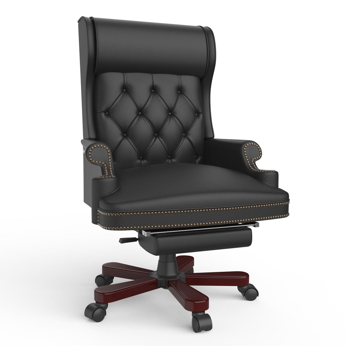 Fauteuil de bureau pivotant ergonomique en similicuir noir avec repose-pieds, dossier capitonné et décoration cloutée