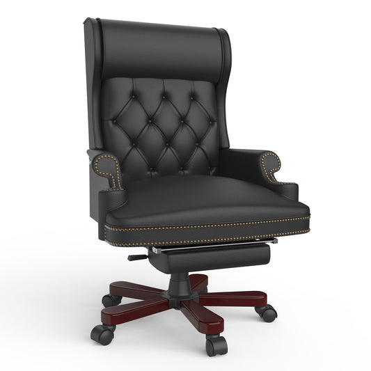 Fauteuil de bureau pivotant ergonomique en similicuir noir avec repose-pieds, dossier capitonné et décoration cloutée