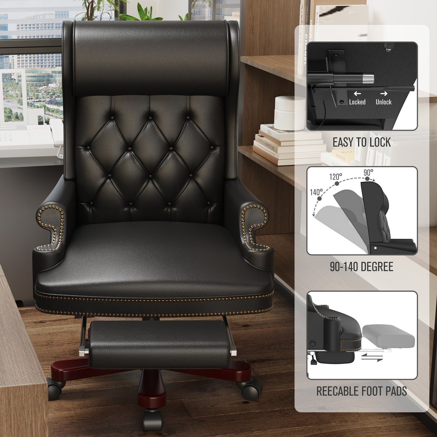Fauteuil de bureau pivotant ergonomique en similicuir noir avec repose-pieds, dossier capitonné et décoration cloutée
