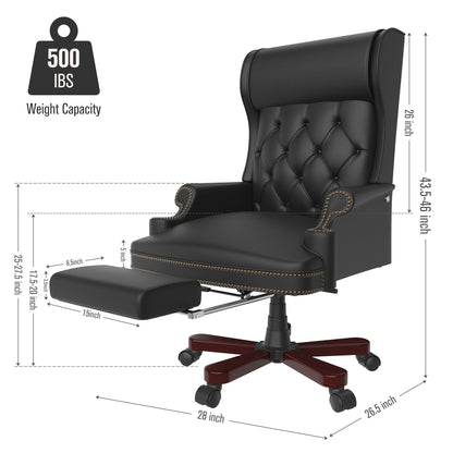 Fauteuil de bureau pivotant ergonomique en similicuir noir avec repose-pieds, dossier capitonné et décoration cloutée