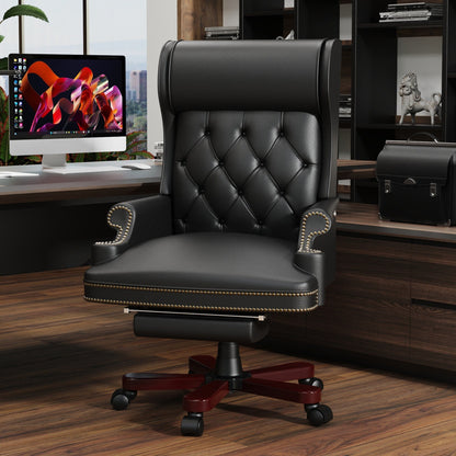 Fauteuil de bureau pivotant ergonomique en similicuir noir avec repose-pieds, dossier capitonné et décoration cloutée