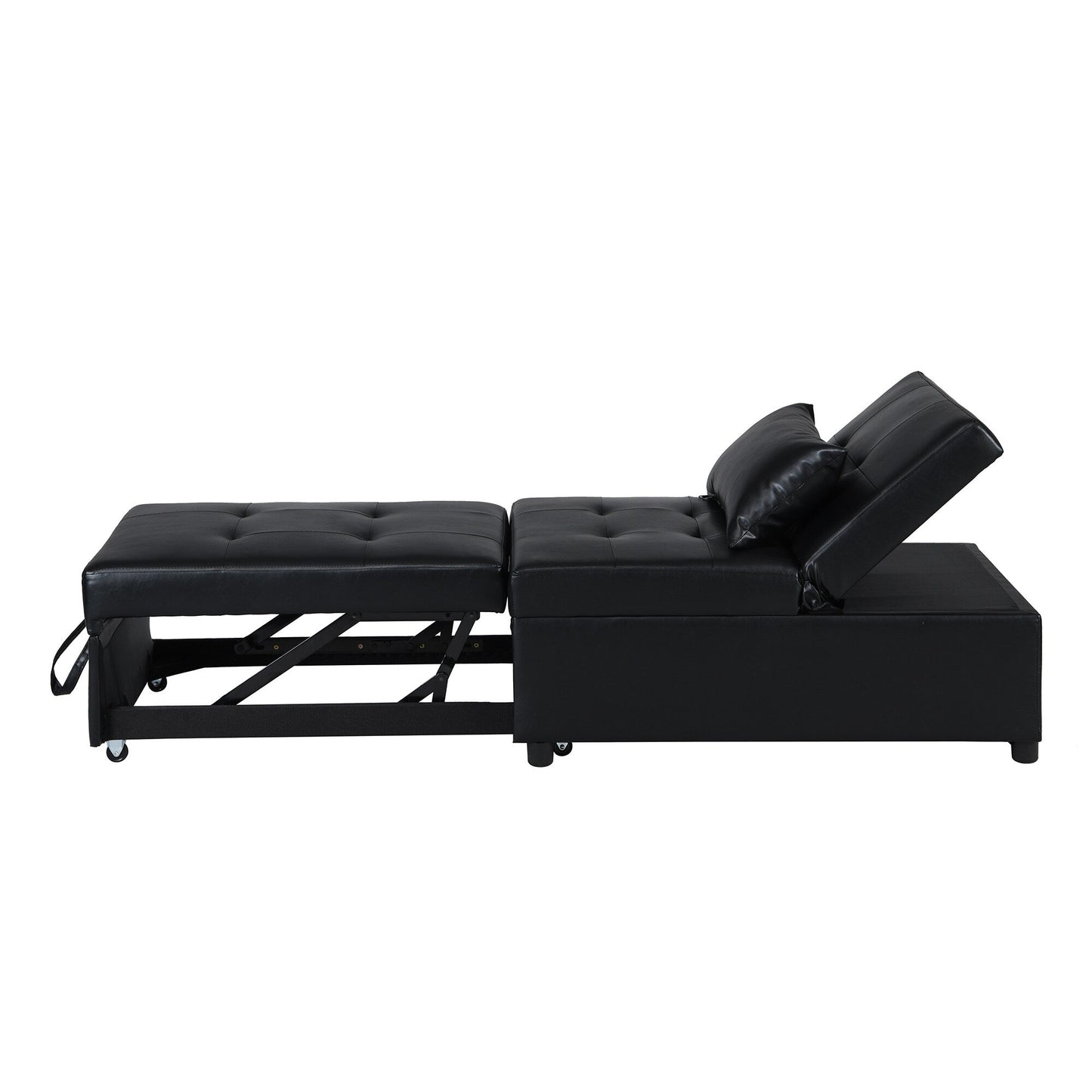Canapé-lit simple capitonné en similicuir noir avec coussin